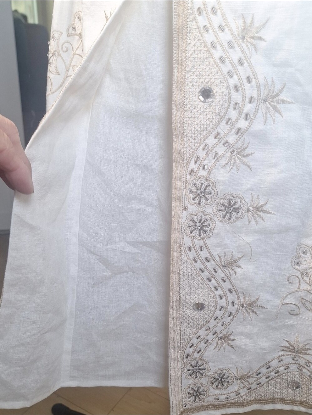Anne Carson off-white 100% linen A-line skirt Rhinestone/Embroidery Detail SZ 4 - Picture 7 of 8